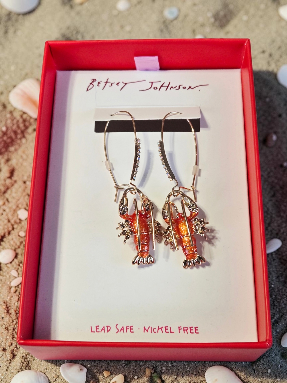 NEW Betsey Johnson Lobster Drop Earrings with Crystal Accents 2.5 Inches Long